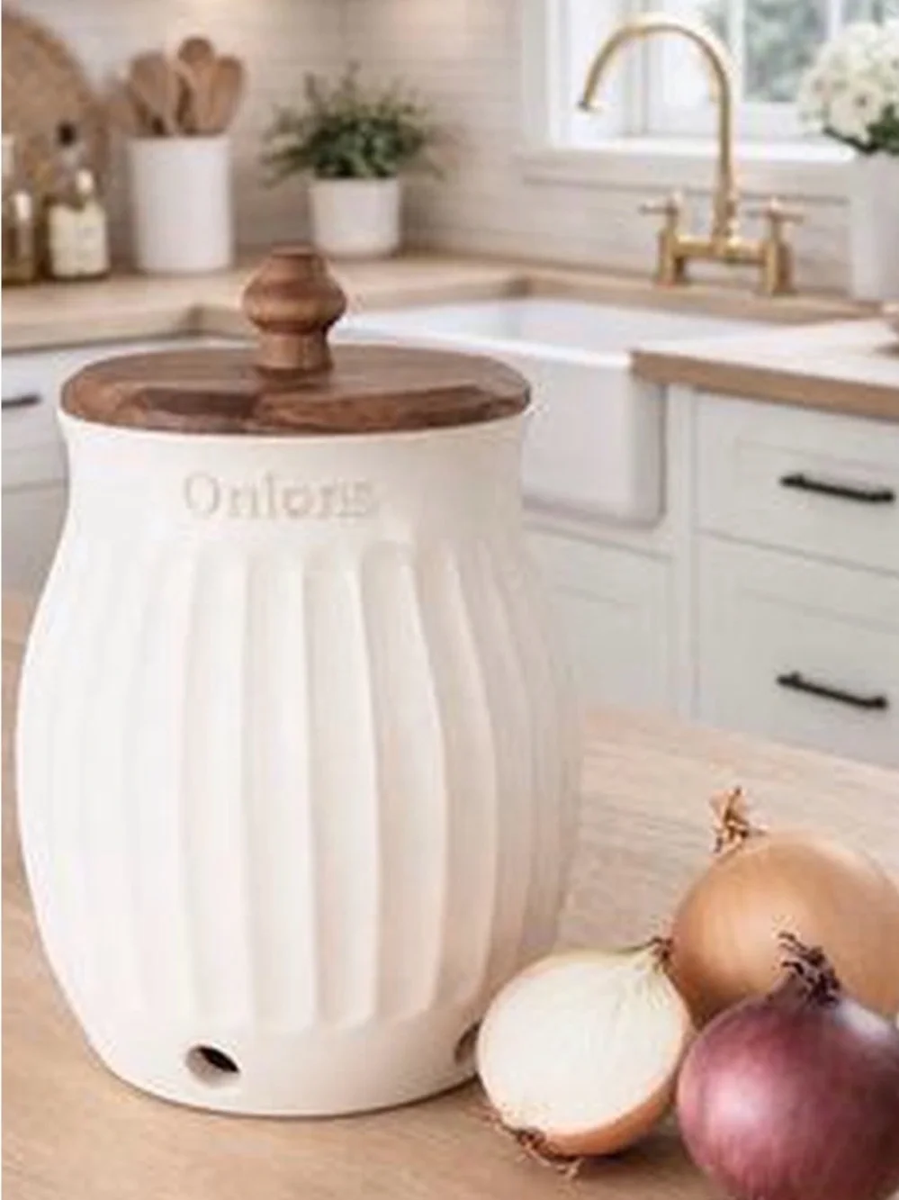 Pioneer Woman Colette Cream Ceramic Onion Crock with Vent Holes